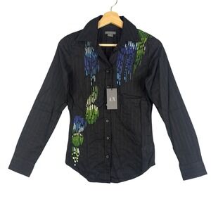 AX Armani Exchange Black Pinstripe Embroidered Button Up Shirt Women's Size XS‎